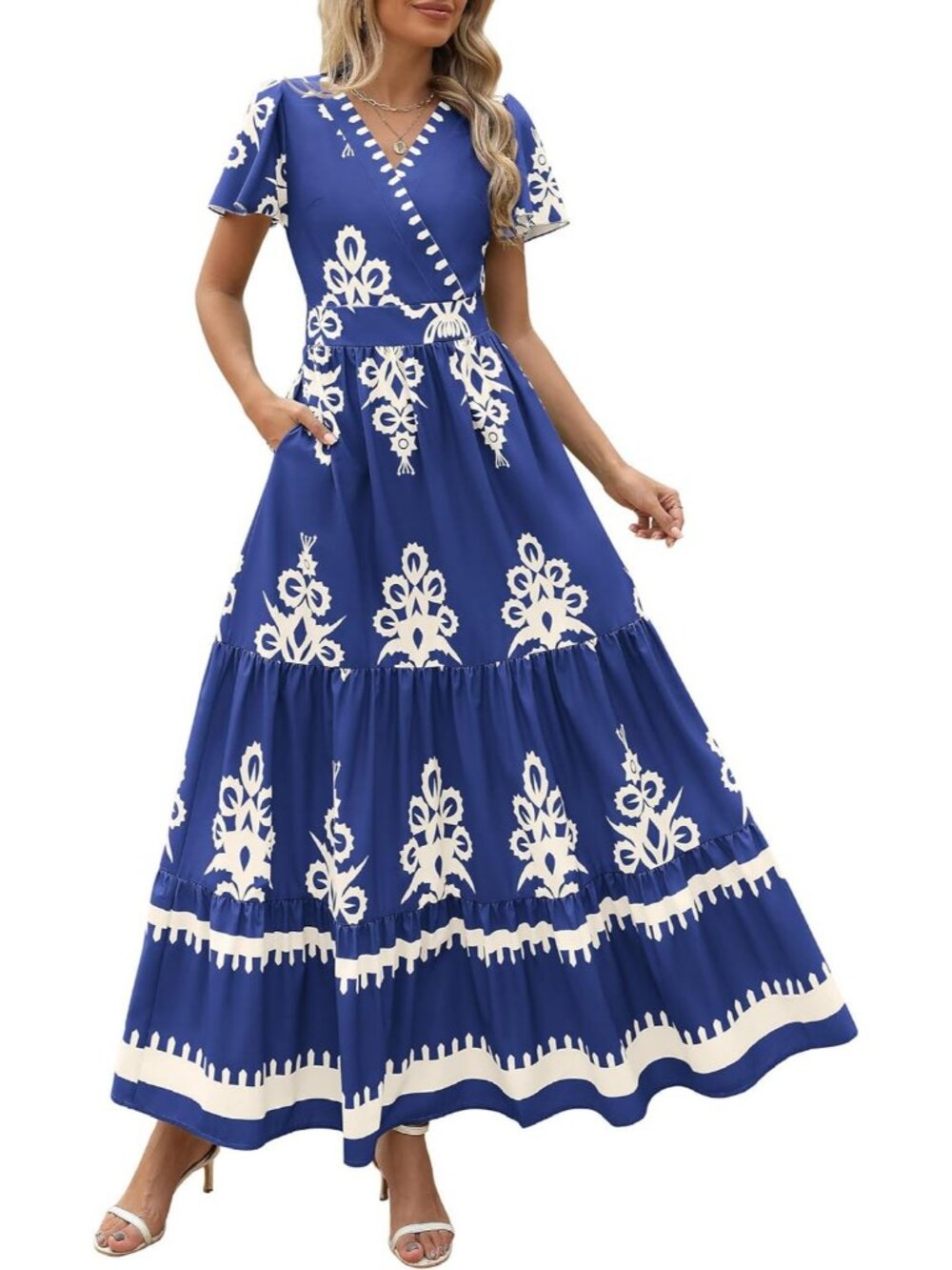 Women's Floral Navy White Boho Maxi V Neck Bell Sleeve Flowy Dress W/Pockets